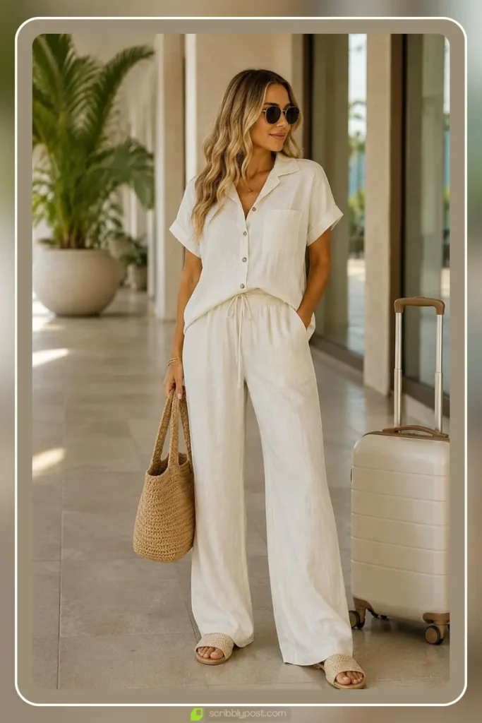 Short sleeve linen shirt with matching wide leg linen pants in cream, Linen Co-ord Set, summer travel outfit for women