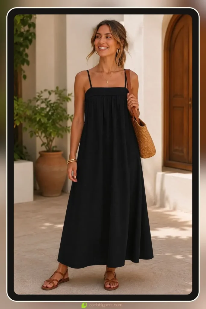 linen midi dress with square neck for a casual outdoor engagement party