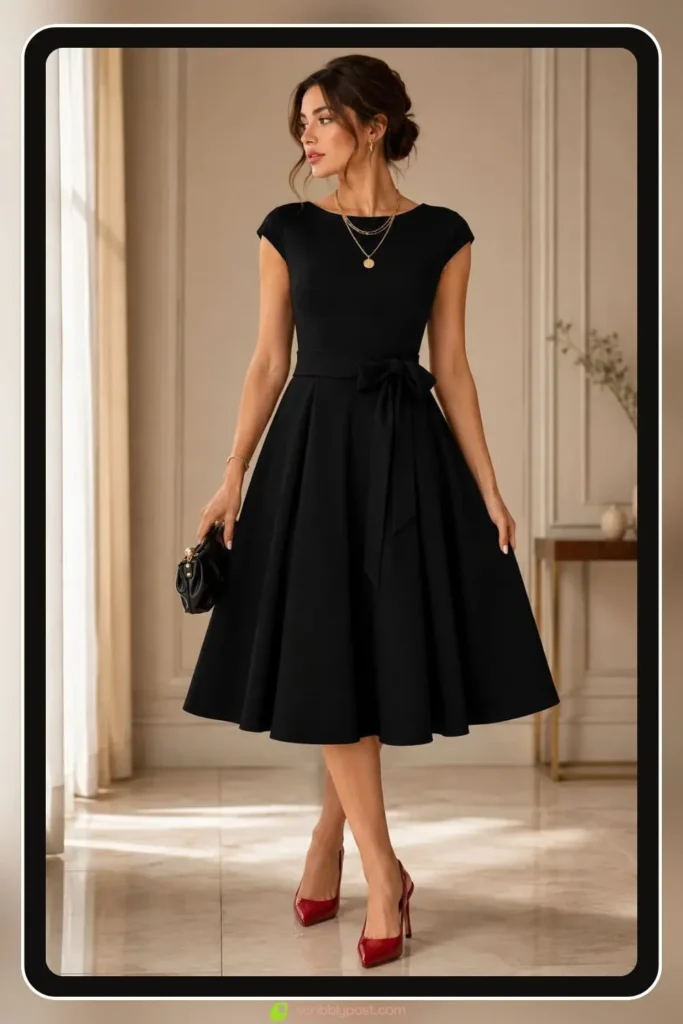 little black dress knee length for a classic engagement party guest look