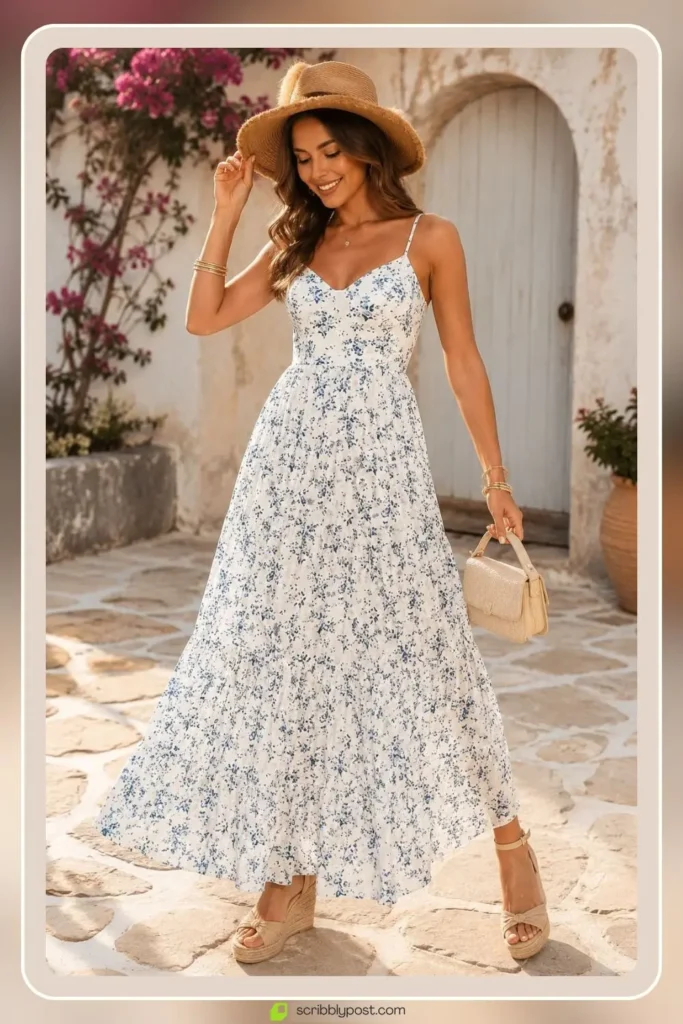 Long floral dress with flowing full length silhouette