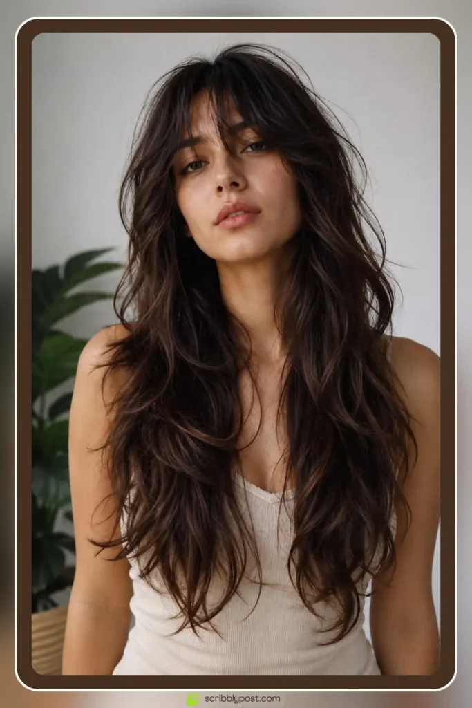 Long wolf cut hairstyle with waist length shaggy layers