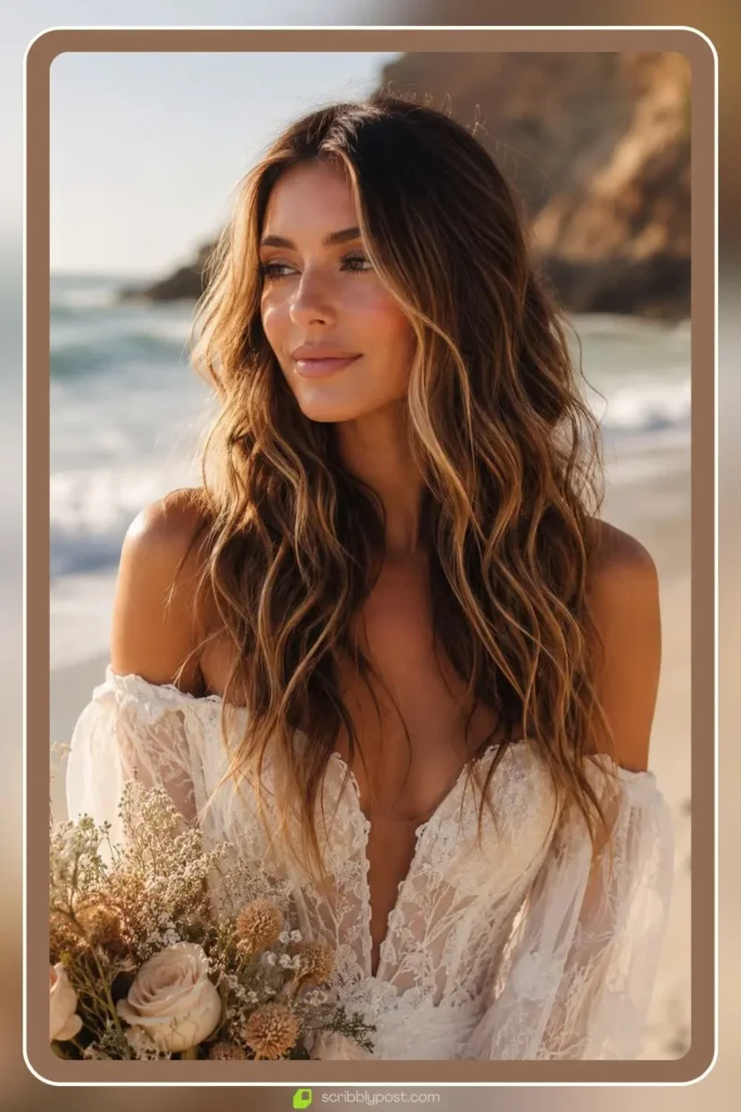 Loose beach waves worn down with pearl pins for a coastal bridal hairstyle