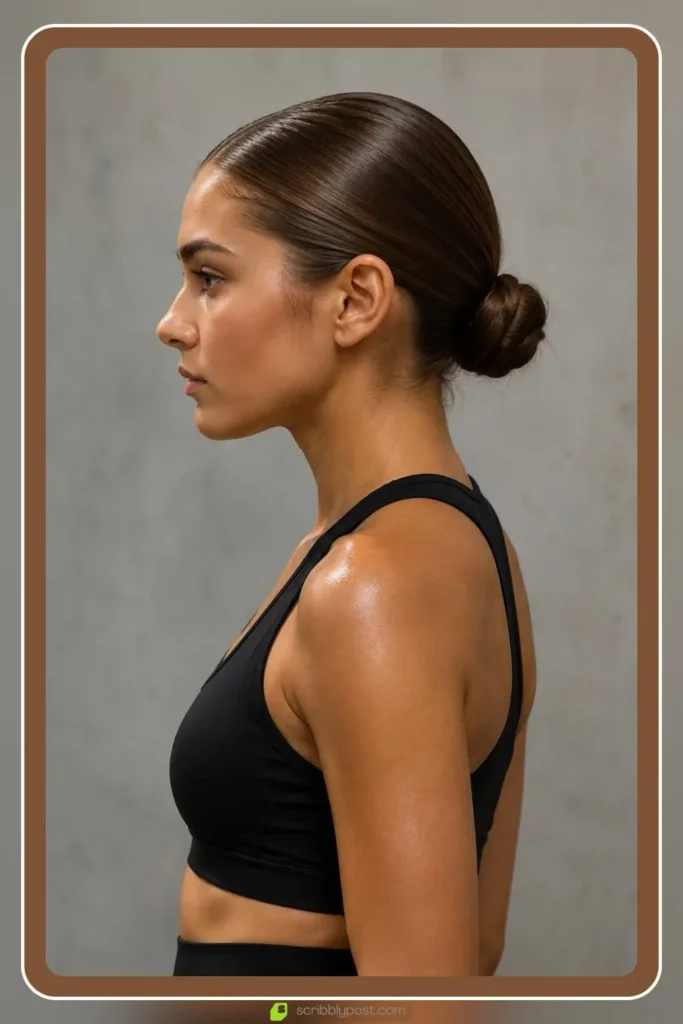 Tight bun smoothed low at the nape with gel, Low Sleek Bun, sporty hairstyle for helmet sports