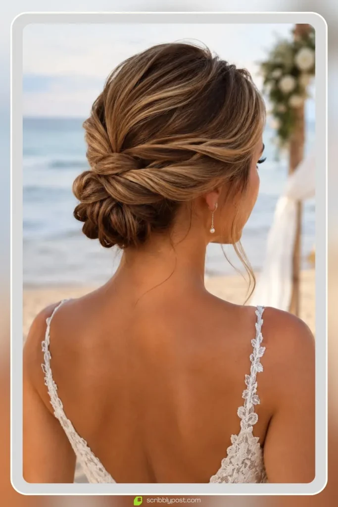 Low twisted chignon at the nape with crystal hairpin for a formal beach wedding look