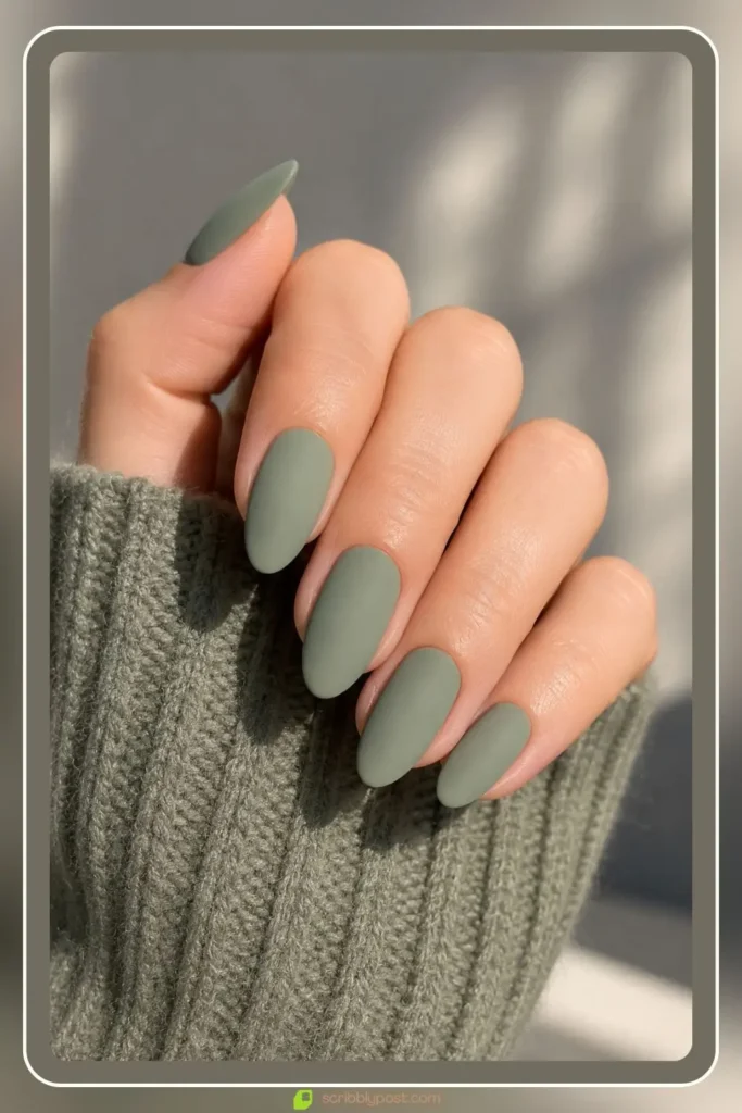 Matte sage green nails with velvet suede finish