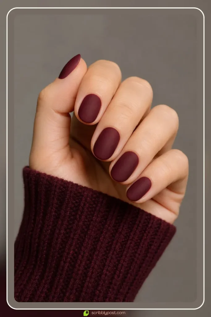 Matte burgundy nails with velvet suede finish on rounded shape
