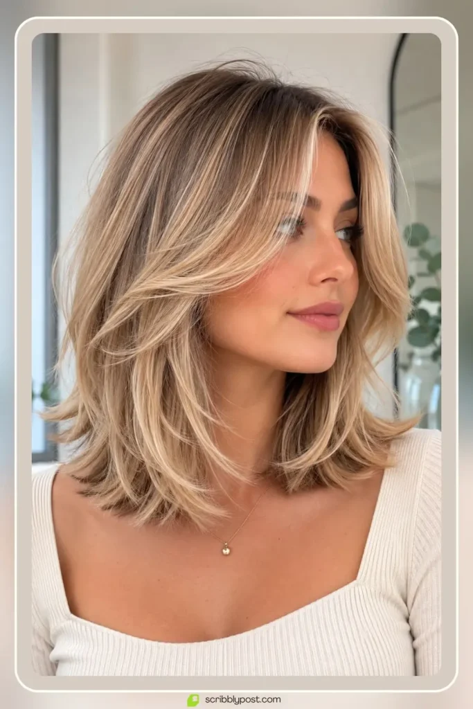Medium blonde hair styles in layered shoulder length cut