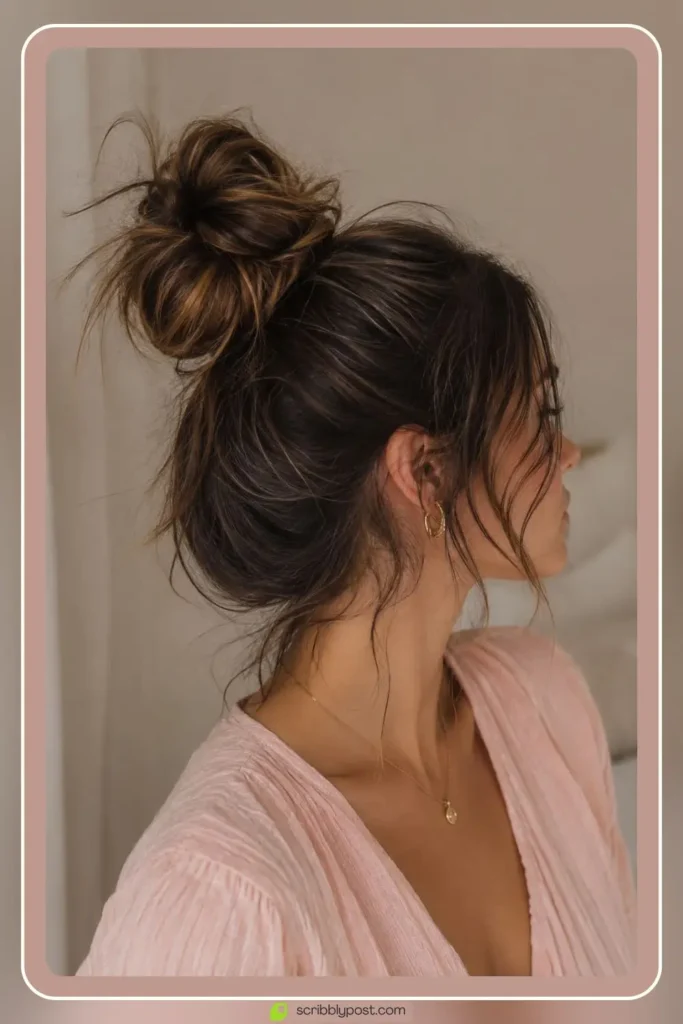 Messy bun hairstyle with tousled loose texture