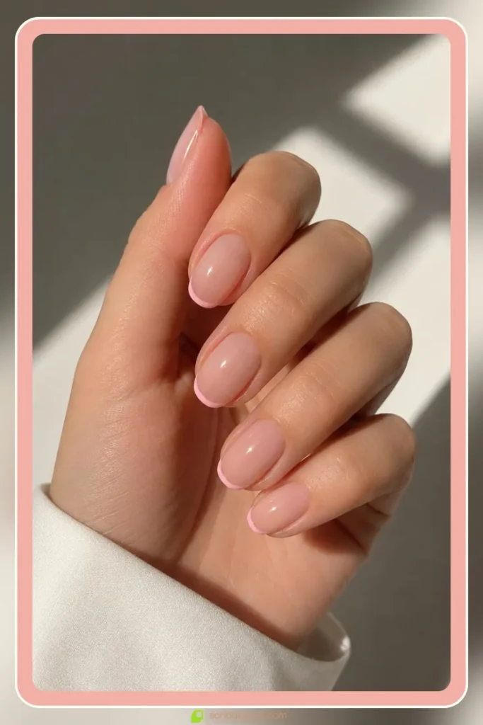 Micro pink tip nails with whisper thin line on natural nails