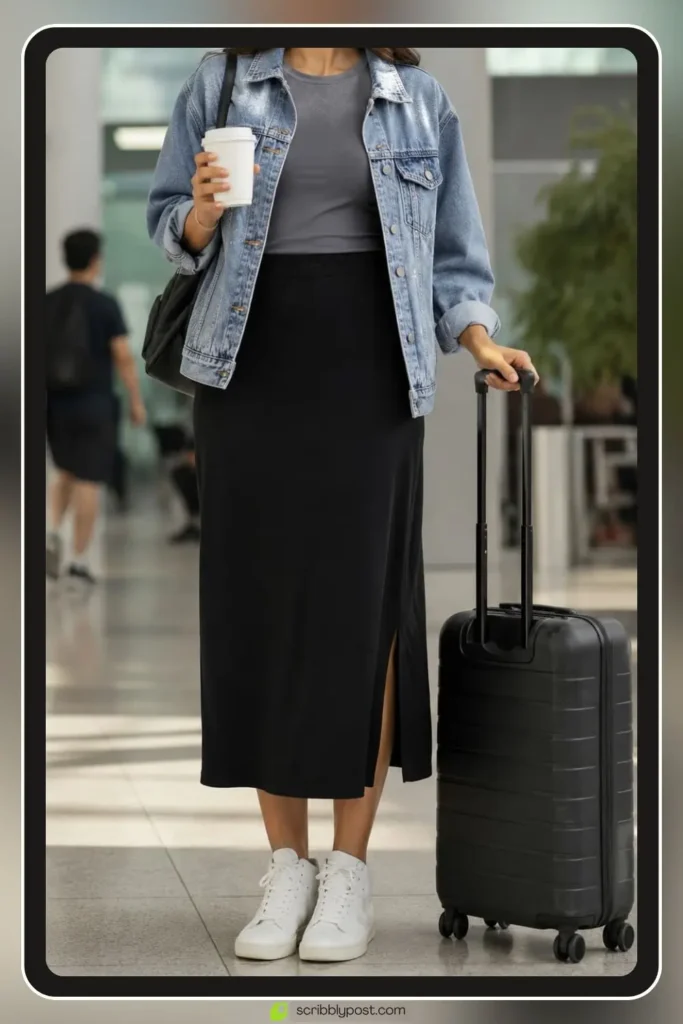 Elastic waist jersey midi skirt with tucked tee and denim jacket, Midi Skirt Tee and Denim Jacket, easy spring travel outfit for women