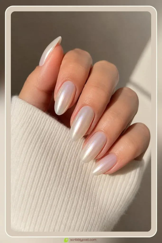 Milky white glazed donut chrome nails with pearl sheen