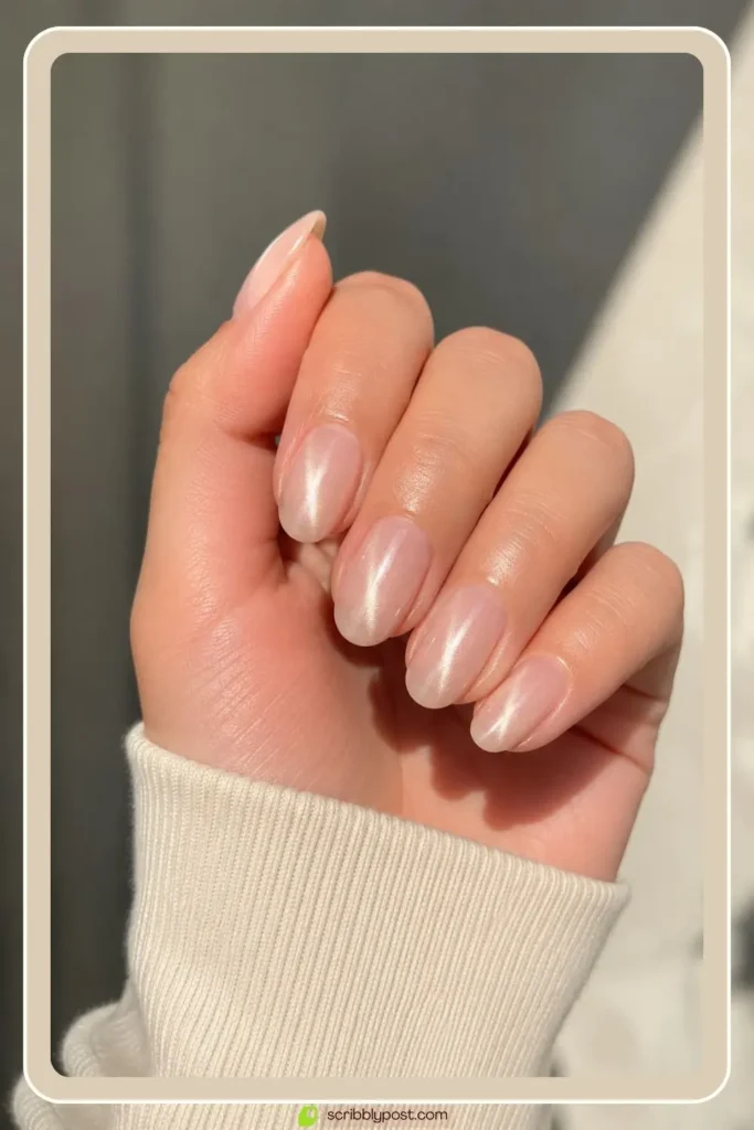 Milky nude cat eye nails with faint shimmer band on natural nails