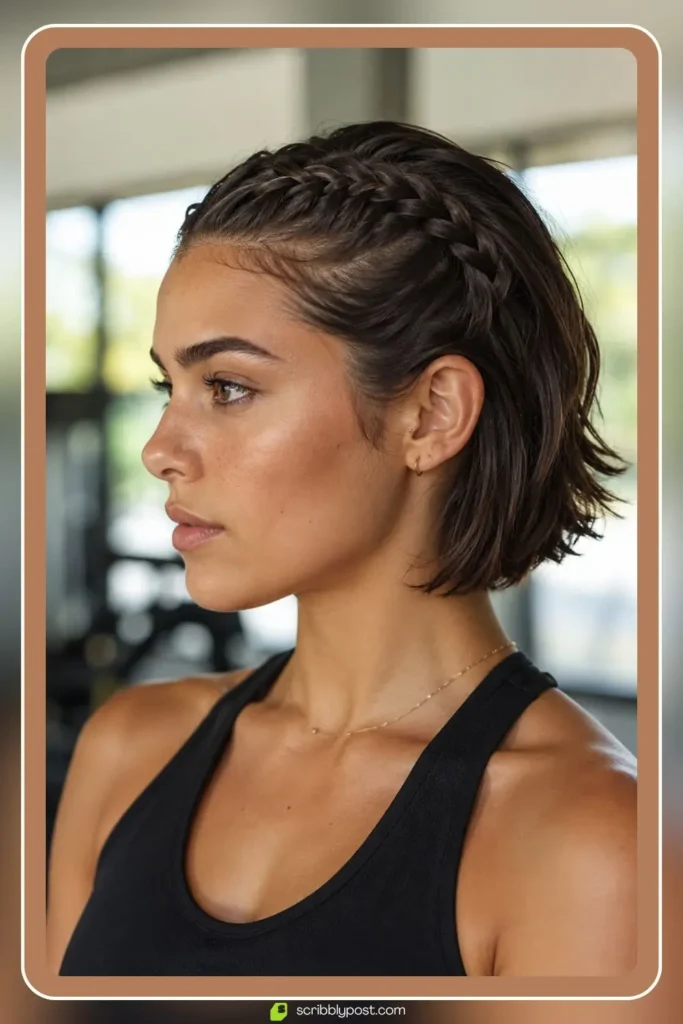 Two mini Dutch braids along the hairline on short hair, Mini Dutch Braids for Short Hair, sporty hairstyle for short hair