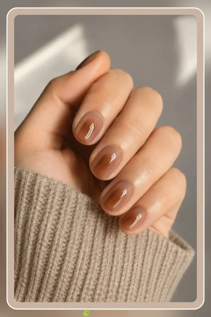 Mocha brown aura blend on short natural nails with glossy finish