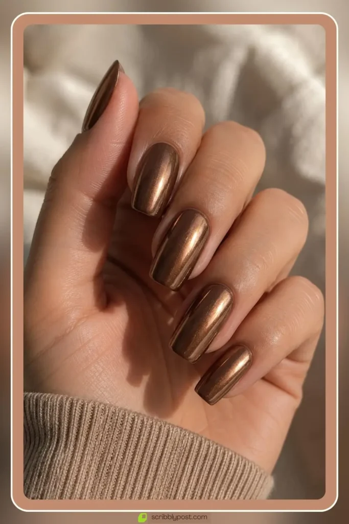 Mocha brown chrome nails with velvet bronze glow