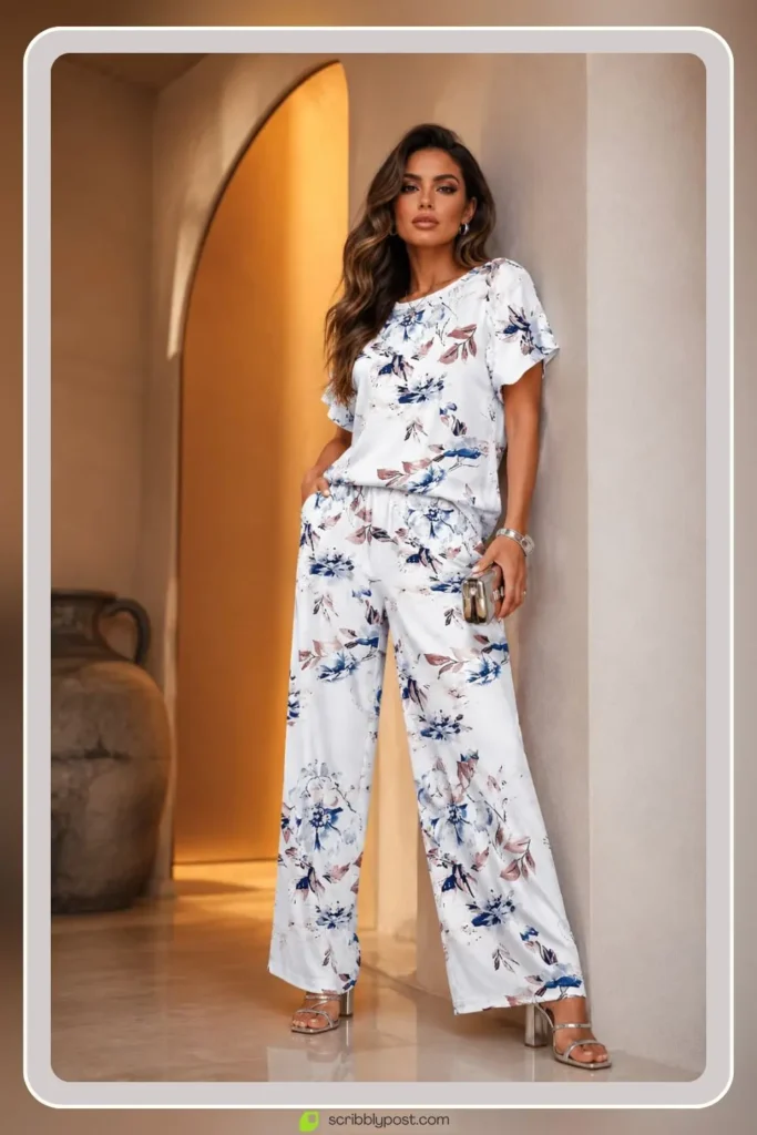 Monochrome floral printed pants and top matching set