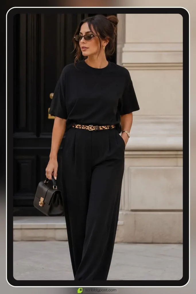 All black outfit with single leopard print pop accent