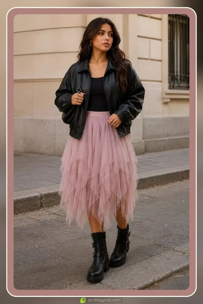 Moto jacket outfit with asymmetric zip leather jacket over tulle midi skirt and ankle boots