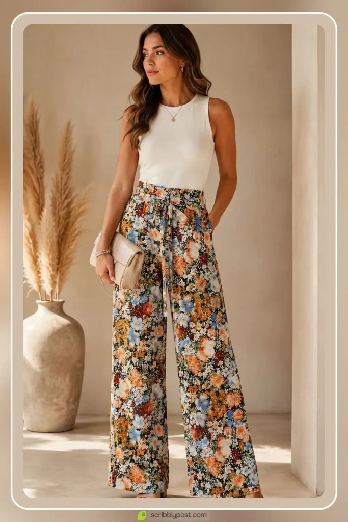 Multicolor printed statement trousers with solid top outfit