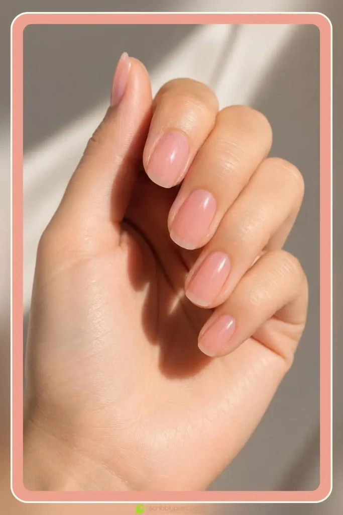 Natural pink nails with healthy rosy tint and glossy finish