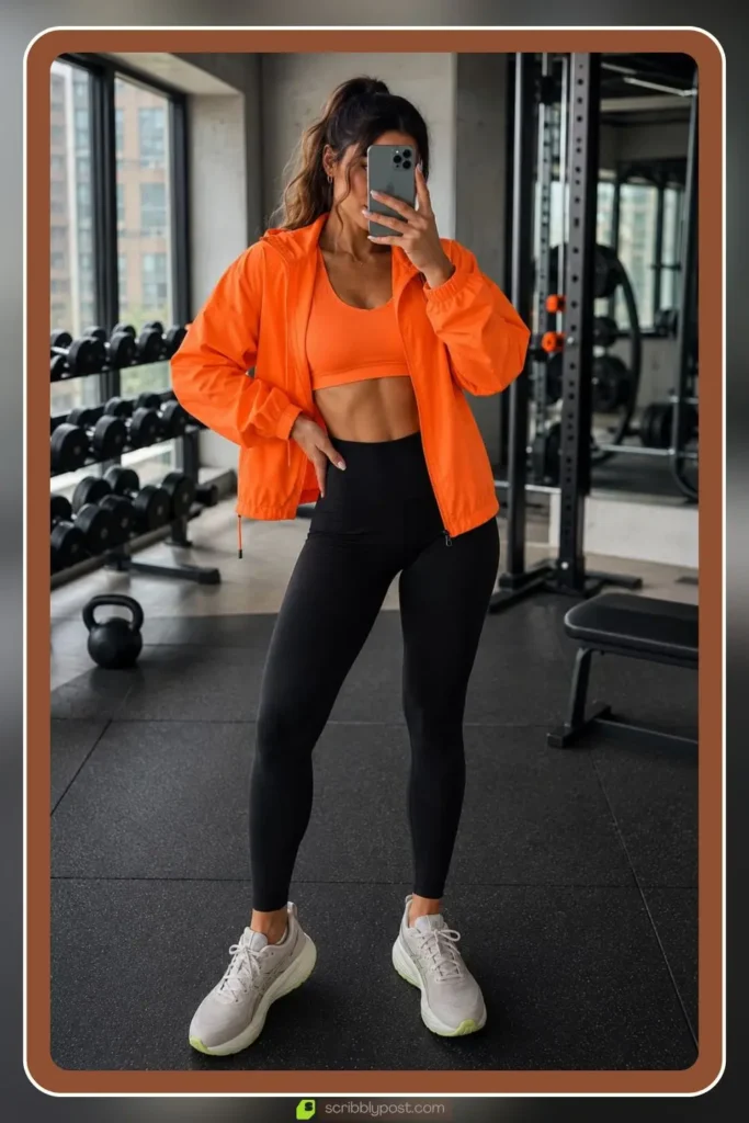 Neon orange athleisure outfit with sporty layers