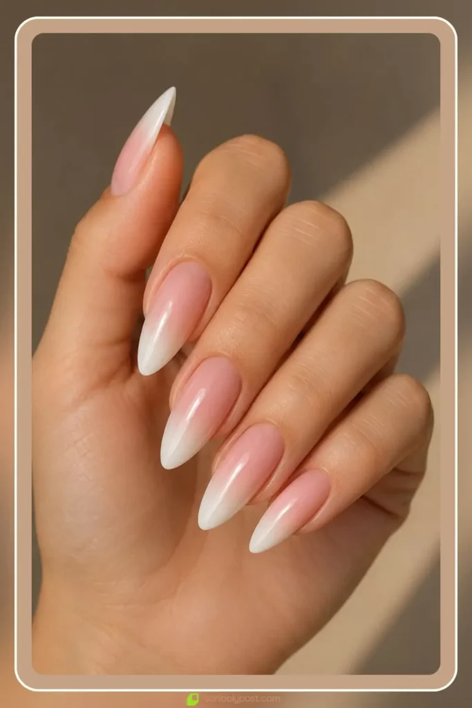Cuticle to tip gradient on almond shape ombre almond nails elongating