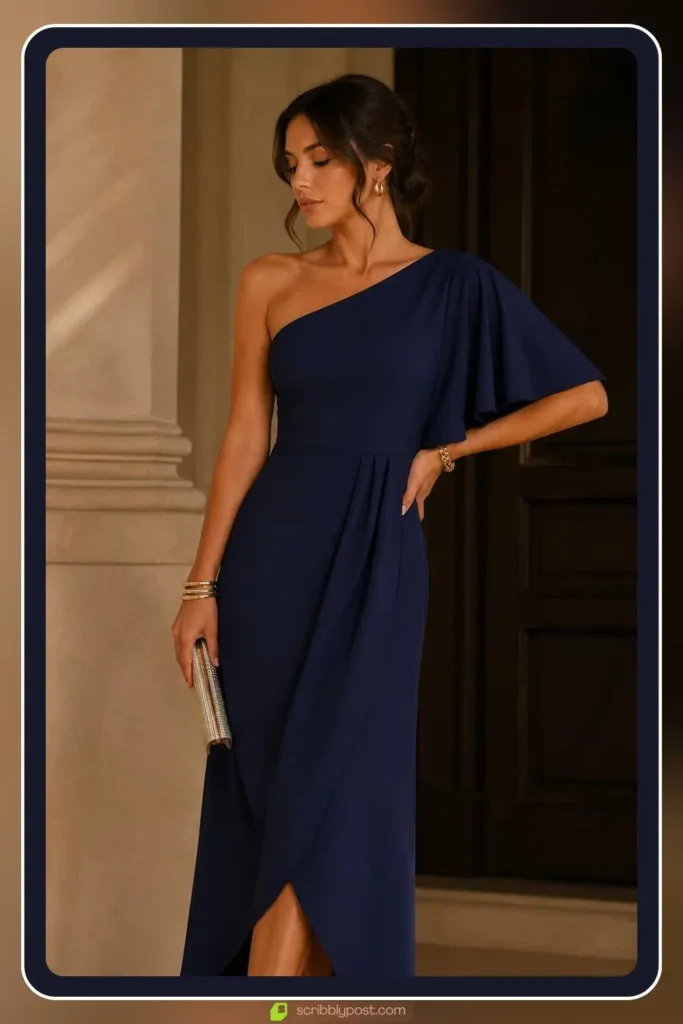 one shoulder cocktail dress for a formal engagement party look