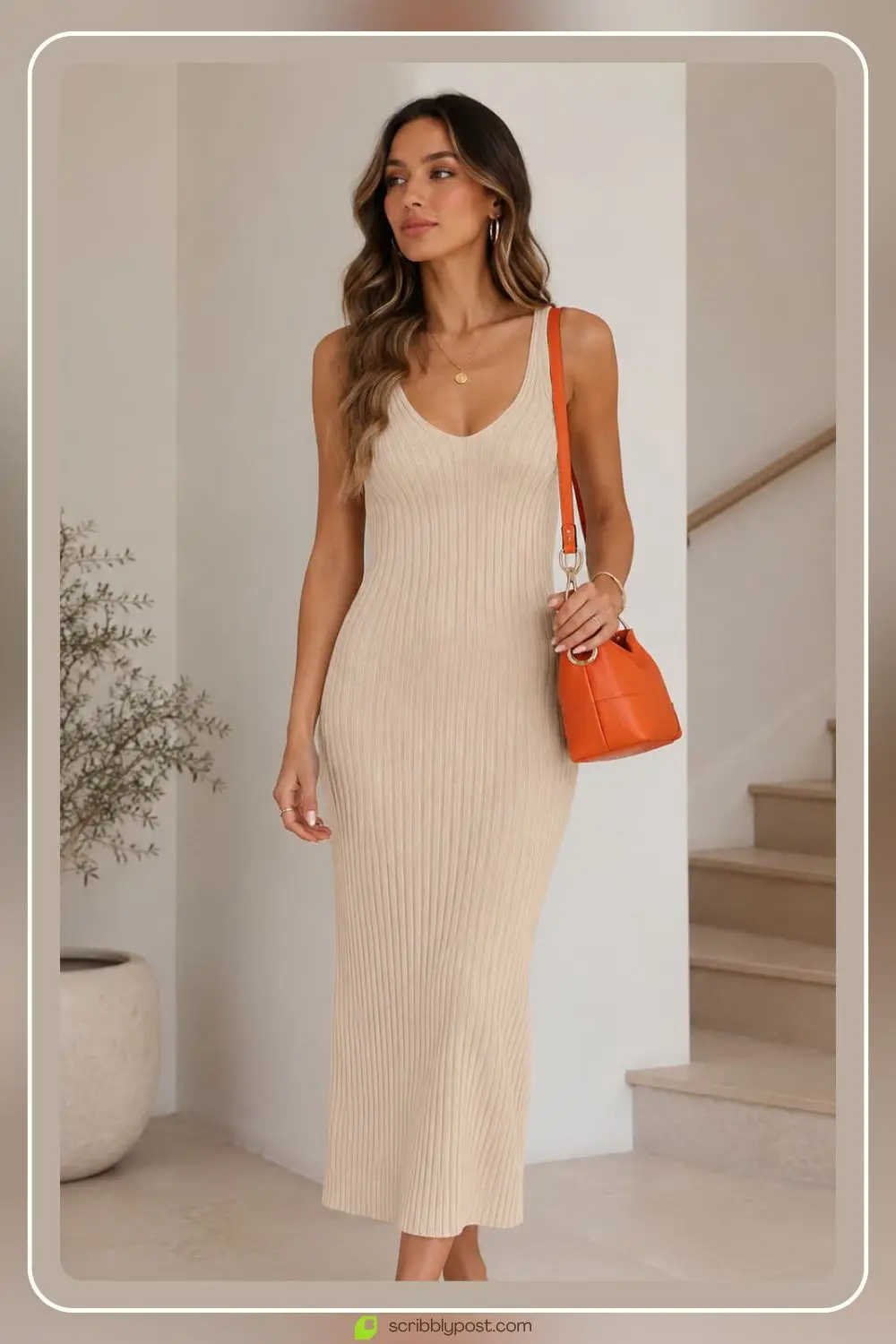 Neutral outfit with orange bag and shoe accents