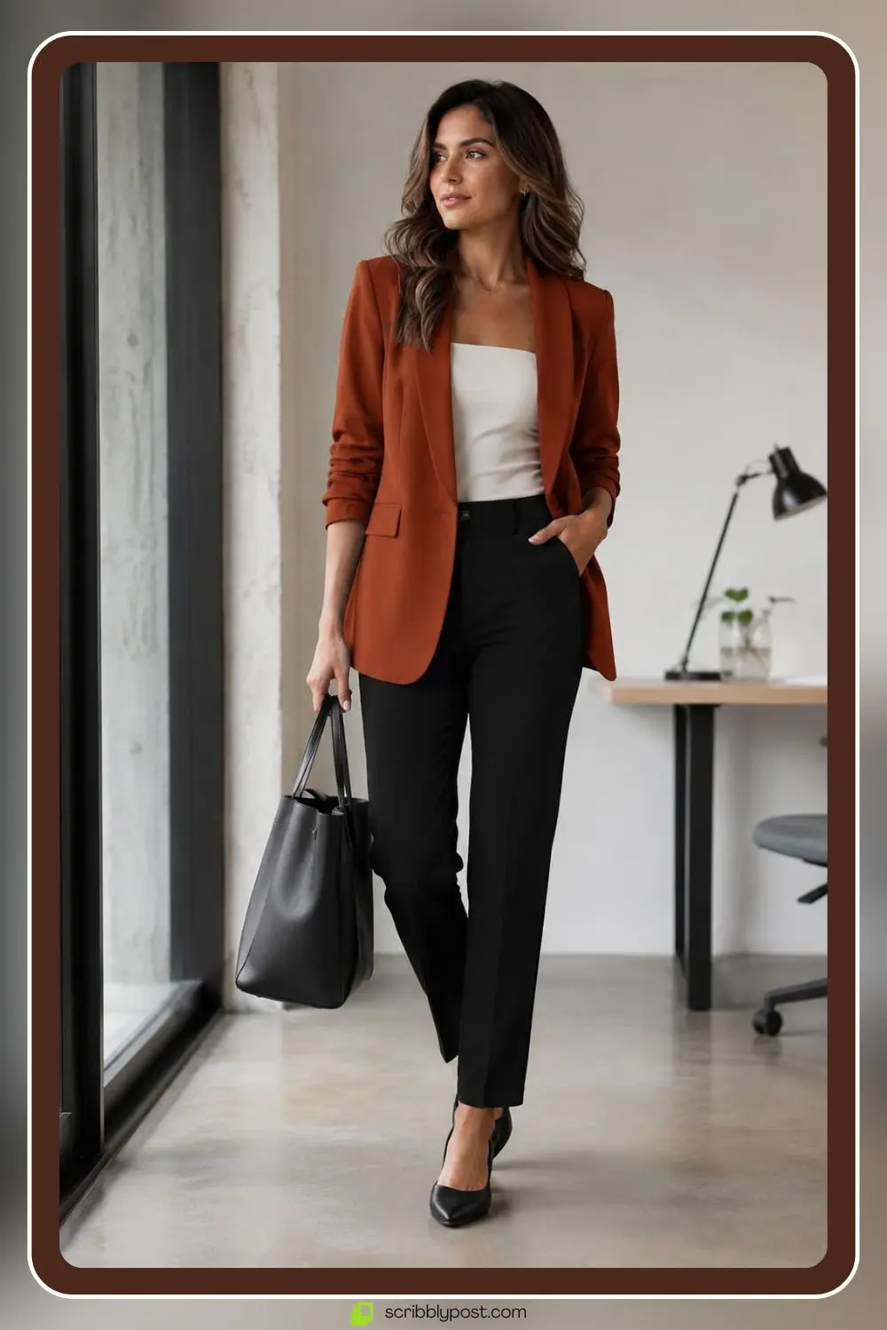 Orange blazer over neutral office outfit