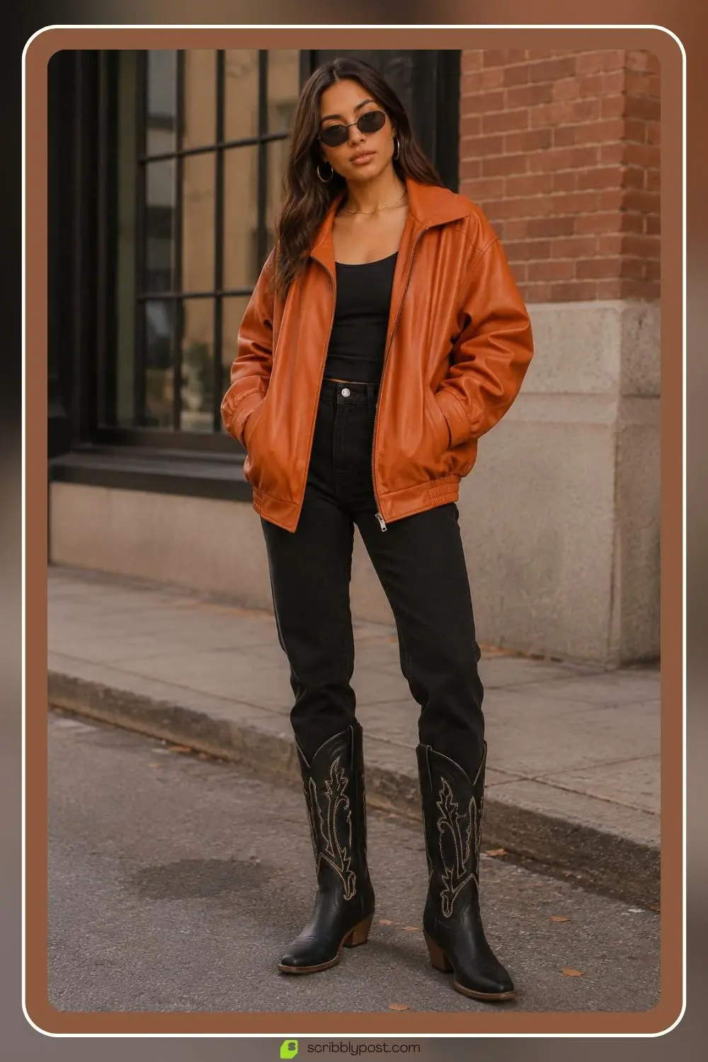 Orange leather jacket outfit with neutral base