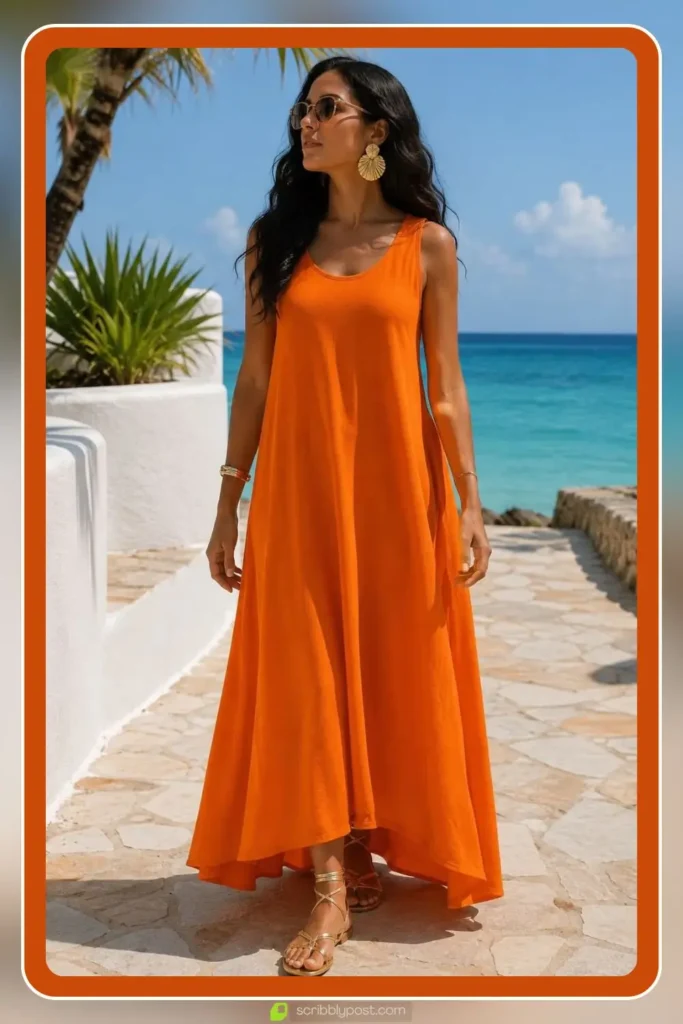 Orange maxi dress outfit for vacation style