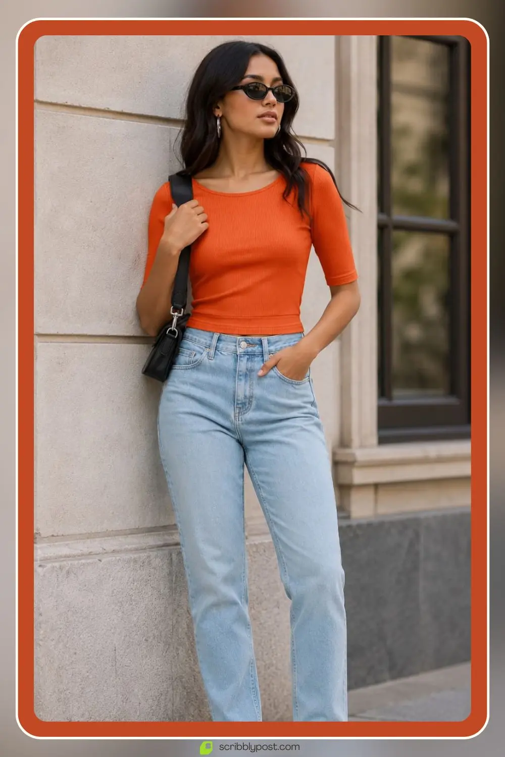 Orange top with blue denim classic pairing outfit