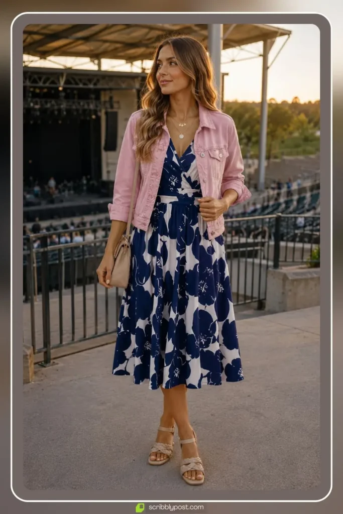 Outdoor amphitheater concert outfit with denim jacket layer, midi dress, and comfortable flat sandals