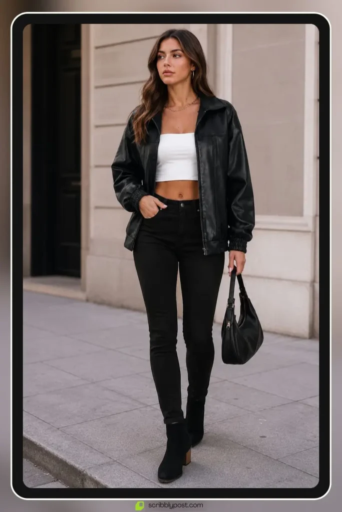 Oversized leather jacket boyfriend style outfit over skinny jeans and low heel black ankle boots