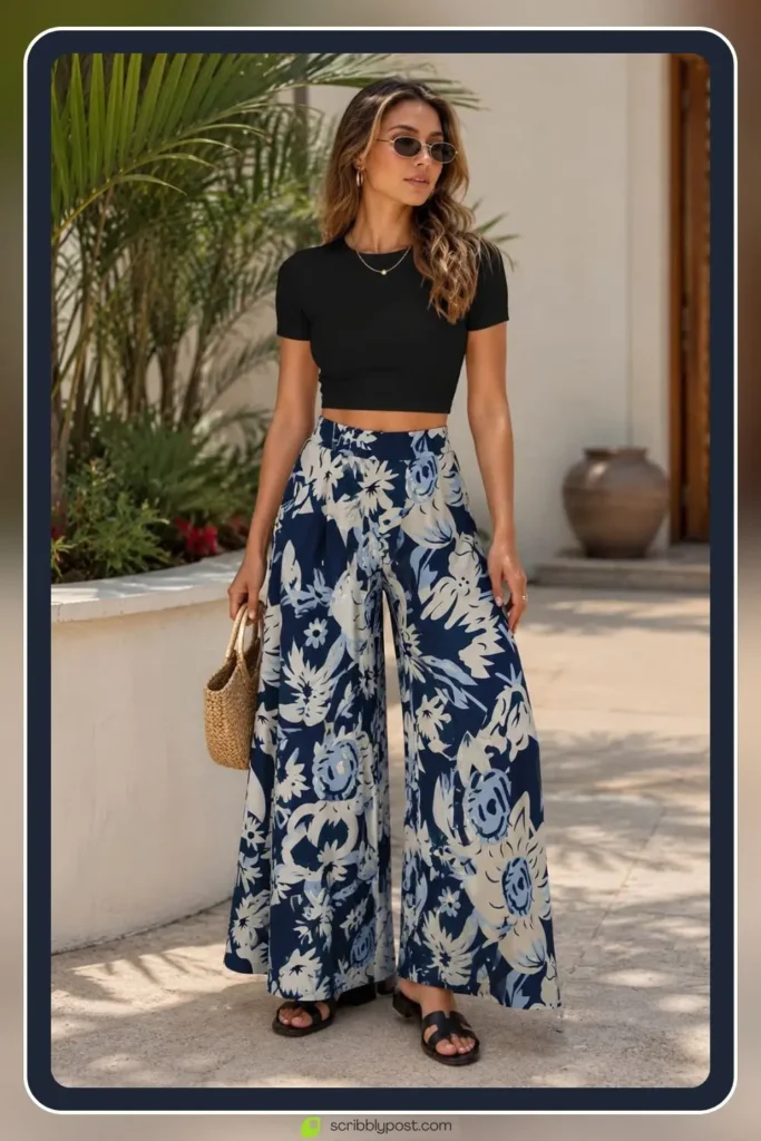 Floral palazzo pants with fitted crop top vacation outfit