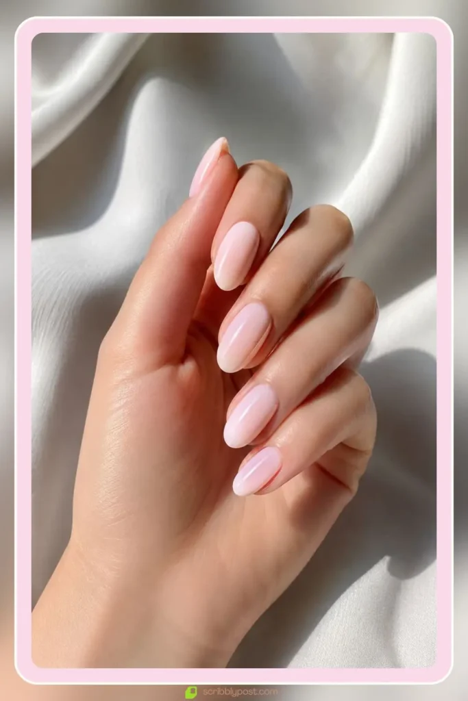 Pale pink nails in ballet slipper shade on oval nails