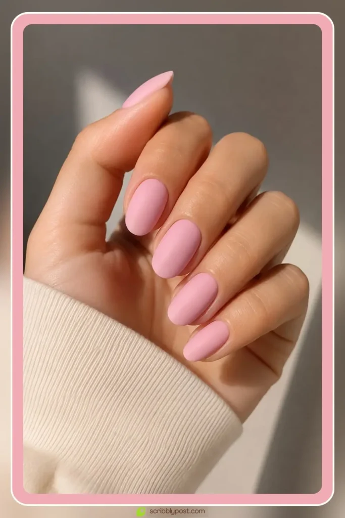 Pastel pink matte nails with velvet soft finish