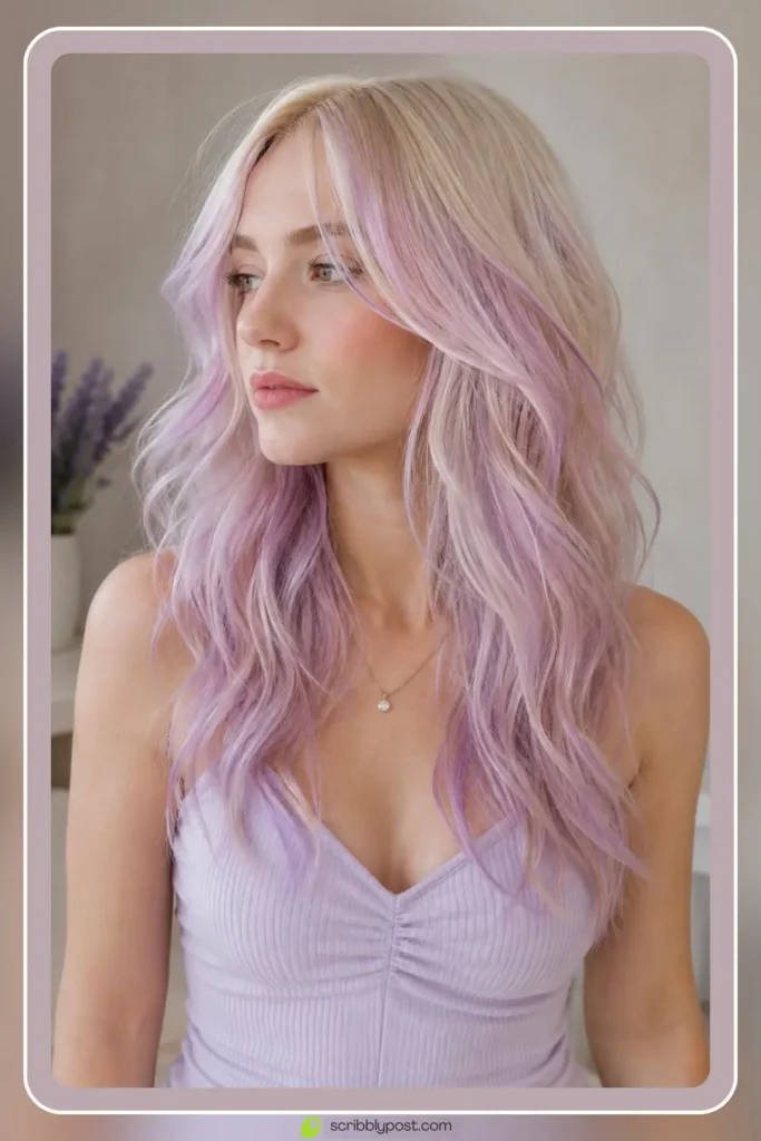 Pastel rinse hair tint in soft lavender wash on blonde