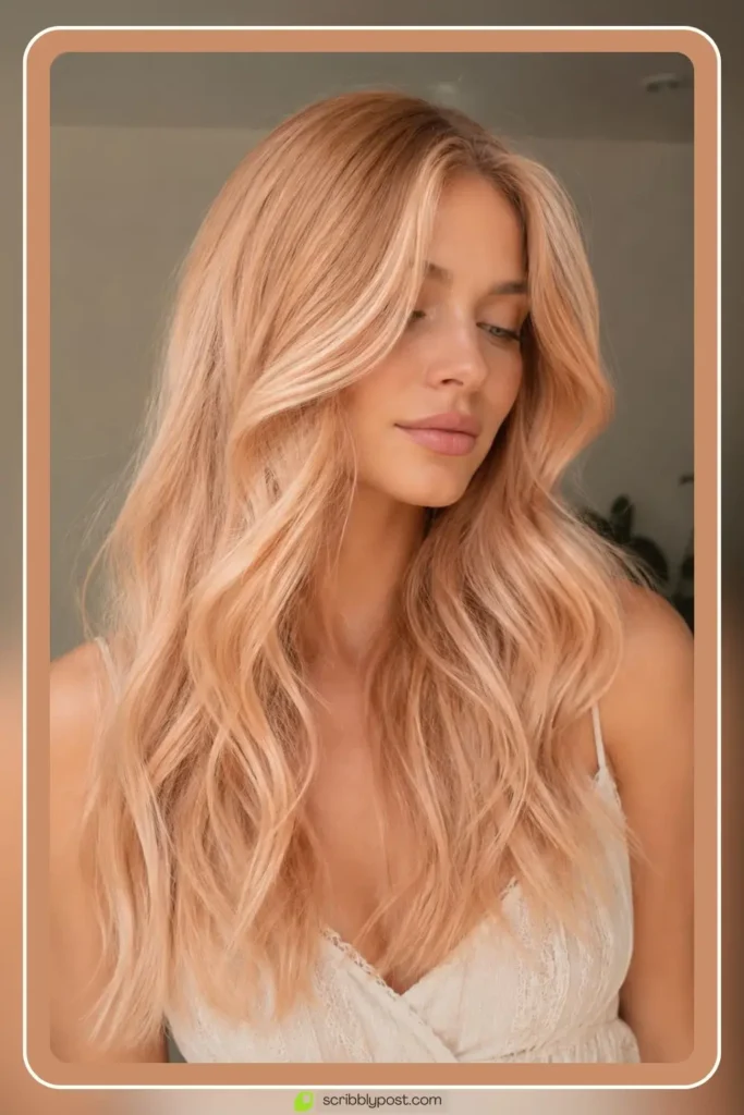 Peach champagne hair tint with soft warm glow on light blonde