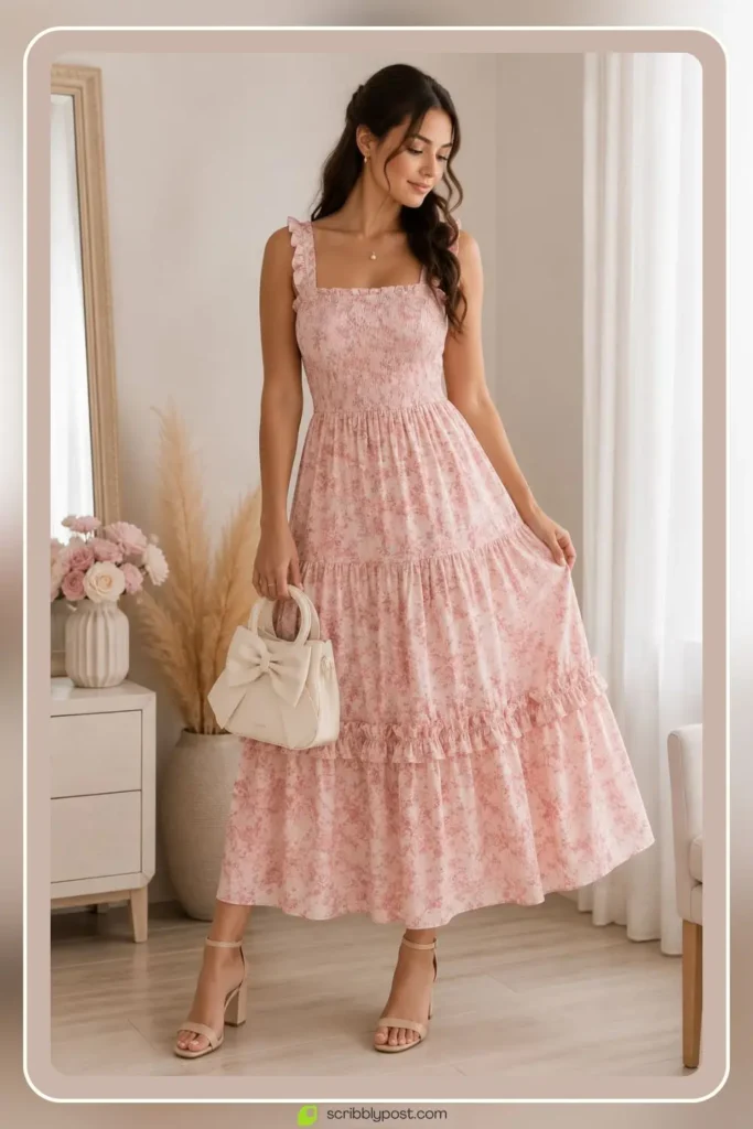 Pink floral dress in soft romantic blush blooms