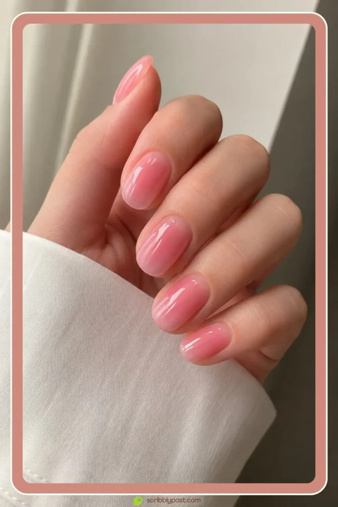 Pink jelly nails with translucent syrup finish on short round nails