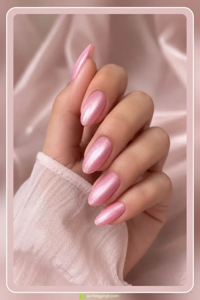 Pink velvet nails with soft ballet blush shimmer