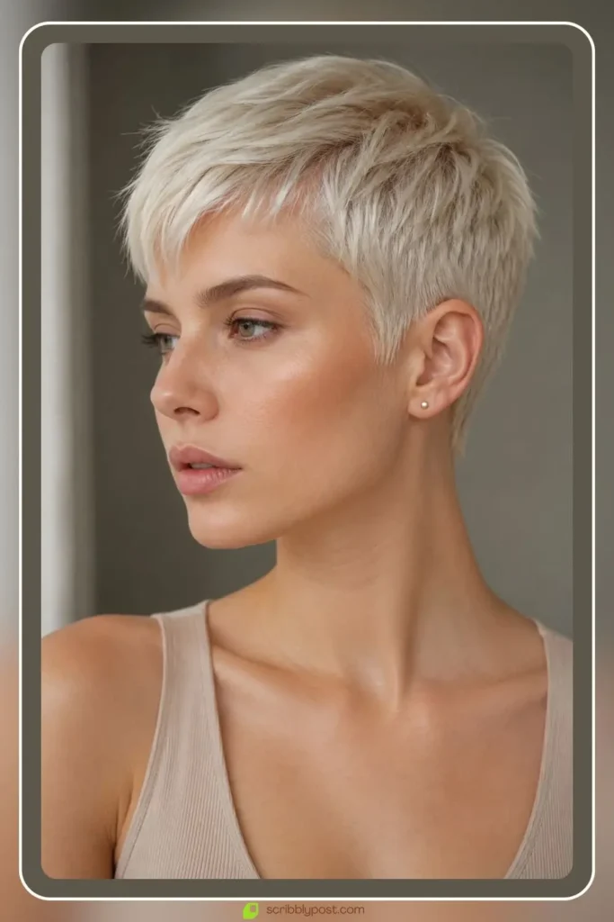 Platinum blonde hair styles in sleek short crop with icy tone