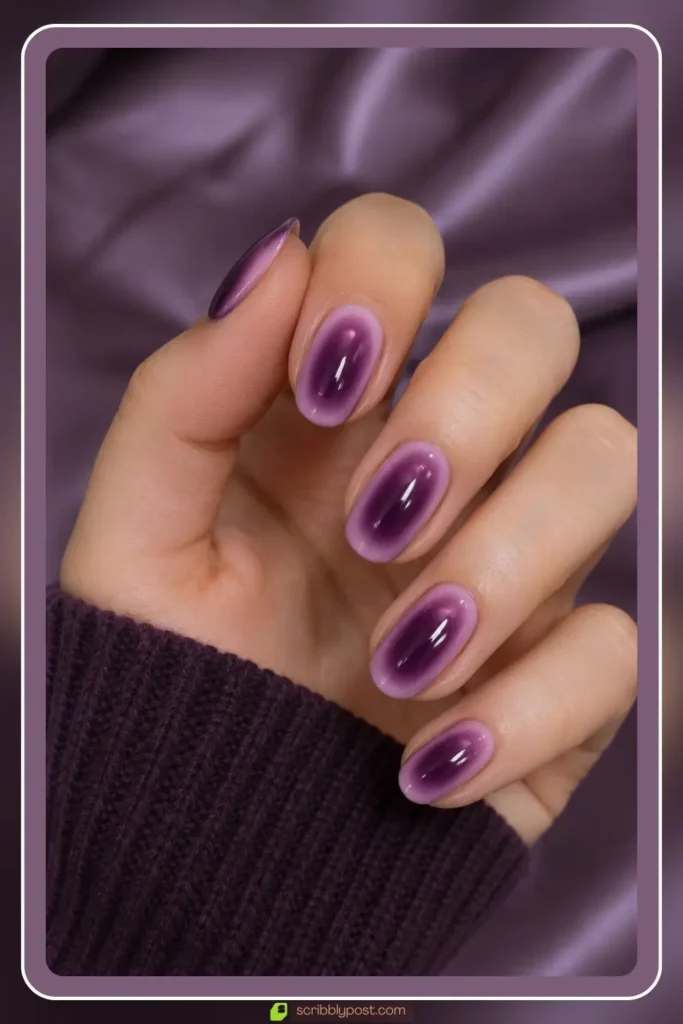 Plum purple aura fading into lilac on rounded gel nails