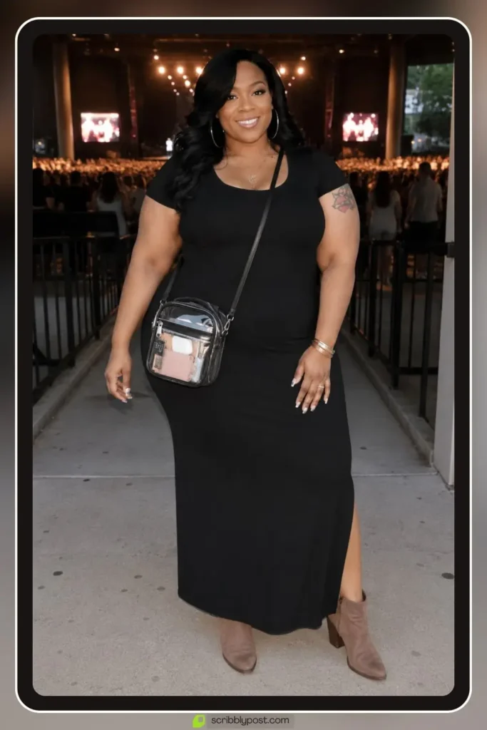 Plus size concert outfit with stretch bodycon concert dress and block heel boots for comfort