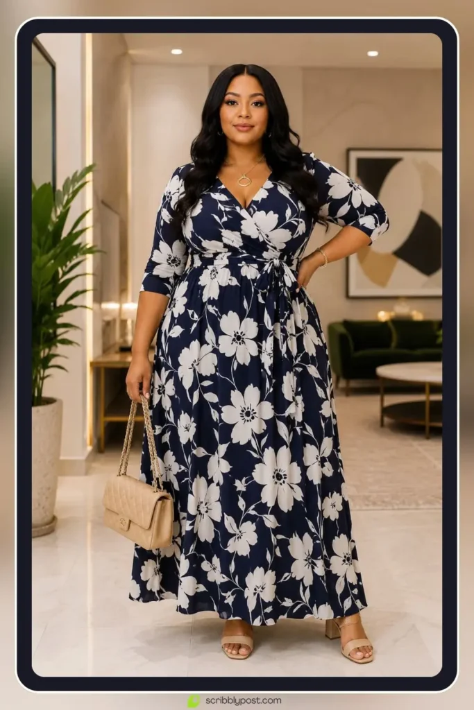 Plus size floral dress with wrap silhouette and mid blooms