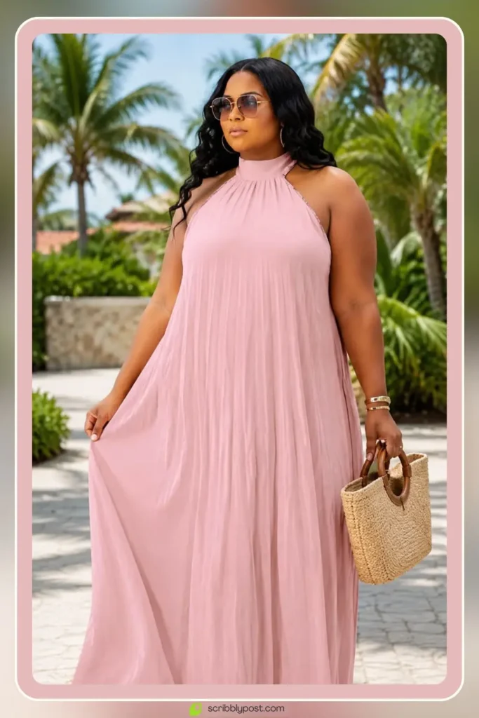 Plus size vacation outfit with flowing resort pieces