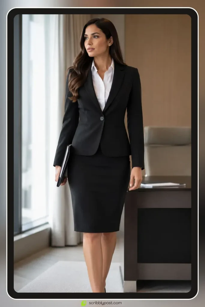 Womens business professional skirt suit with knee length hem