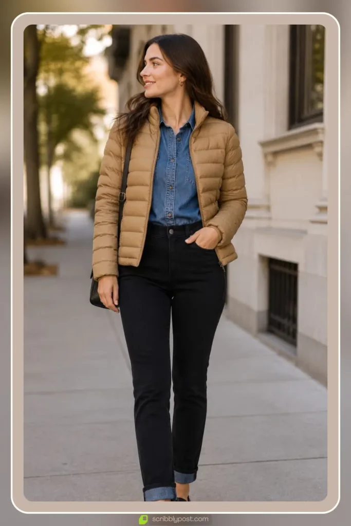 Puffer jacket outfit with fitted camel puffer jacket over straight dark jeans and block heel loafers