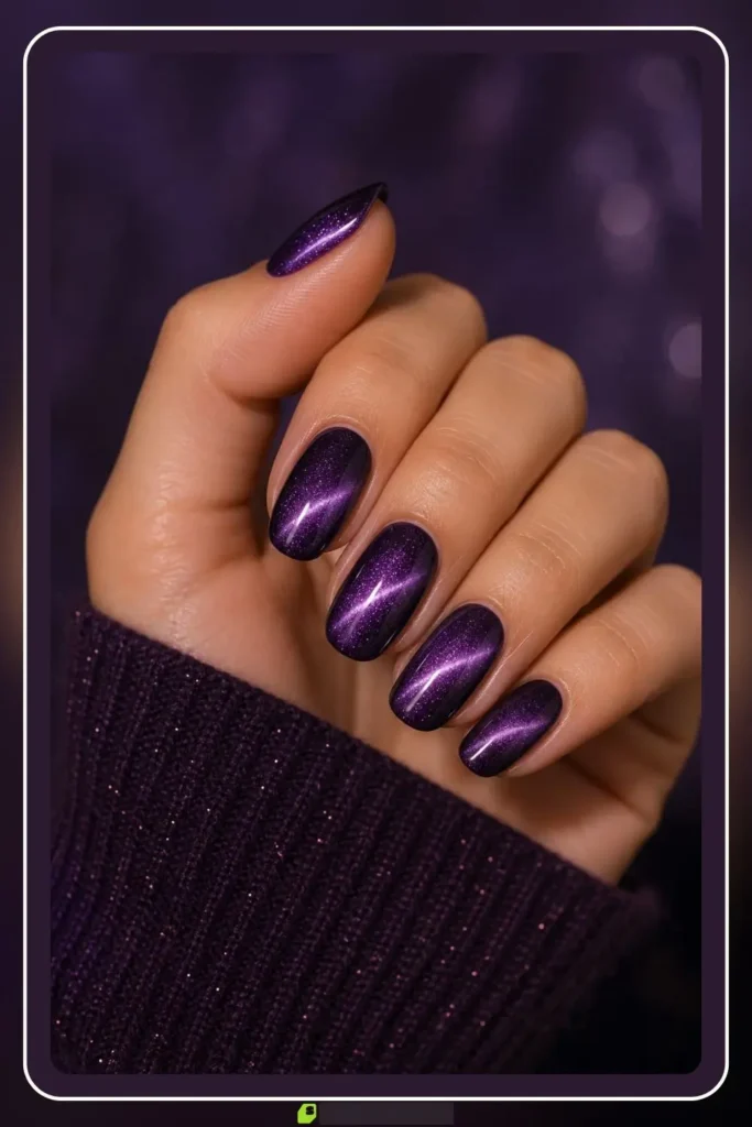 Purple cat eye nails with glowing amethyst band